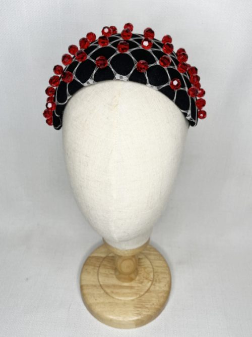 Wide millinery headband with veil and bead trim