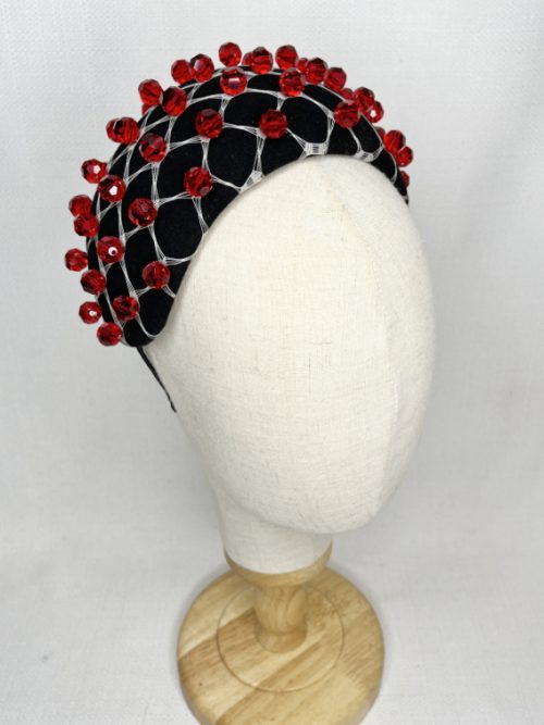 Wide millinery headband with veil and bead trim