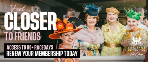 Advertisement for racing club membership featuring four smiling females wearing hats.